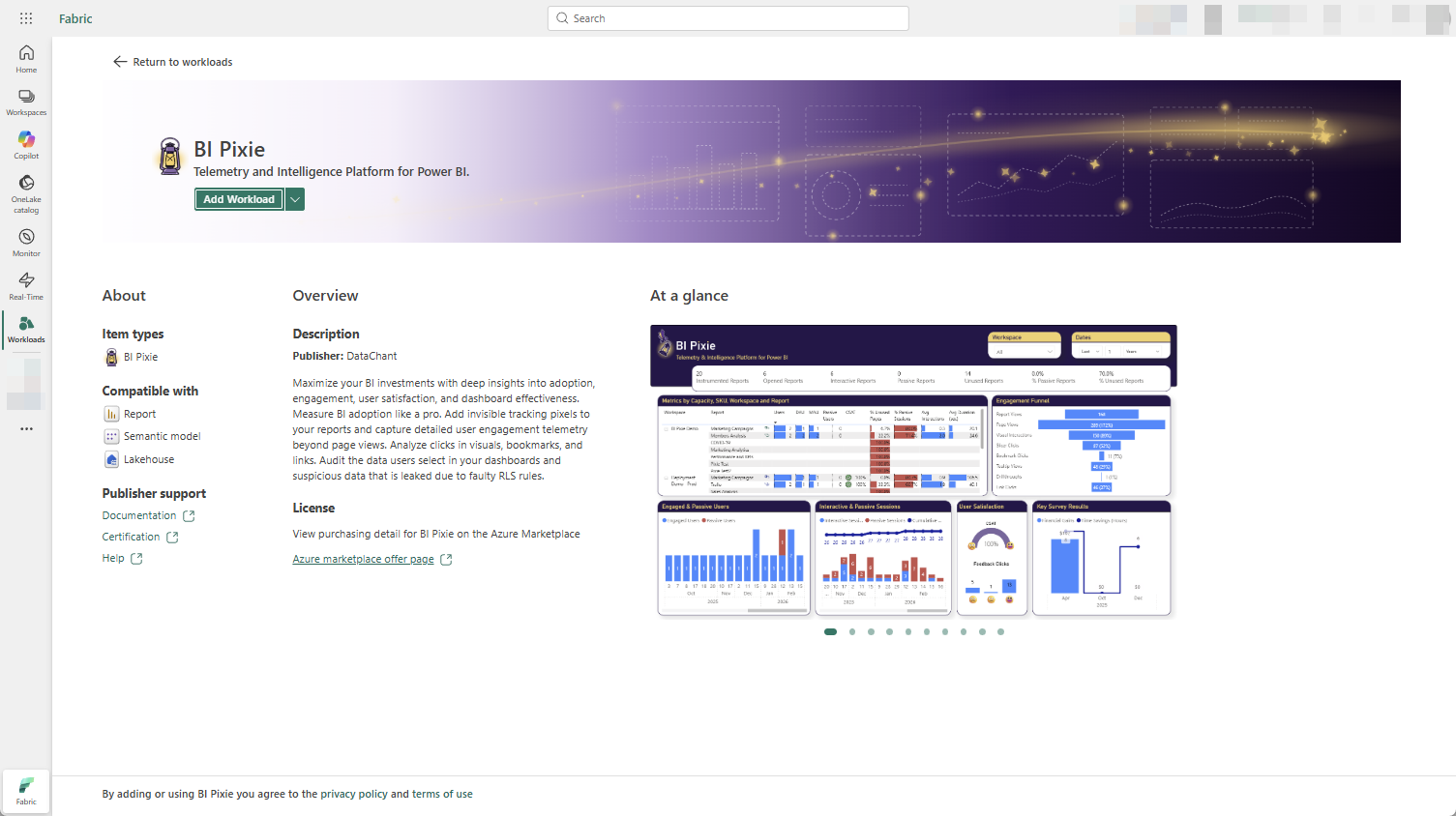 The BI Pixie detail page in the Microsoft Fabric Workload Hub, showing the BI Pixie banner with an Add Workload button, the About and Overview sections with publisher DataChant and supported item types, and an At a glance preview of the BI Pixie Dashboard.