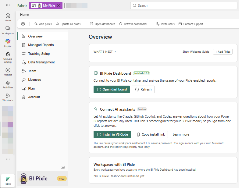 The BI Pixie item open in Microsoft Fabric, showing the Overview view with a Connect AI assistants card. The card lets assistants like Claude, GitHub Copilot, and Codex answer questions about how your Power BI reports are used, with Install in VS Code and Copy install link buttons and a note that the connection is read-only and carries no password.