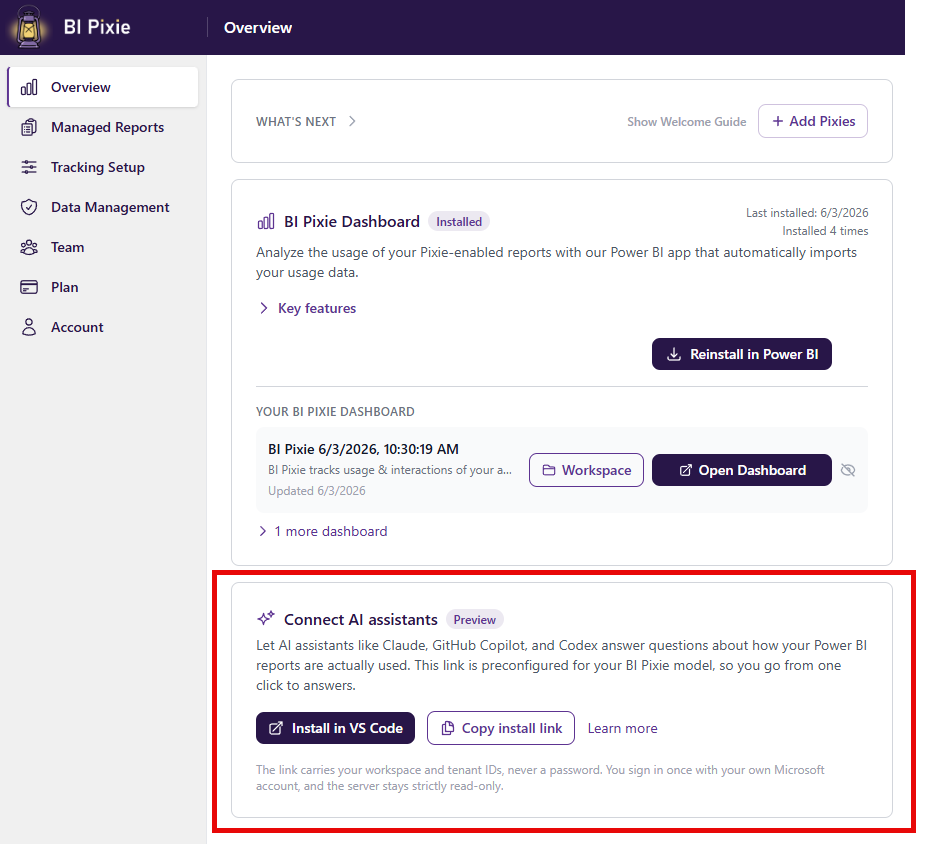 The Connect AI assistants card on the BI Pixie Overview page, with Install in VS Code and Copy install link buttons.
