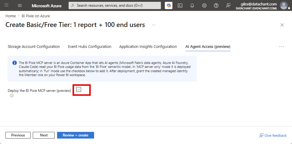 The AI Agent Access (preview) tab of the Create wizard, with the Deploy the BI Pixie MCP server checkbox highlighted.