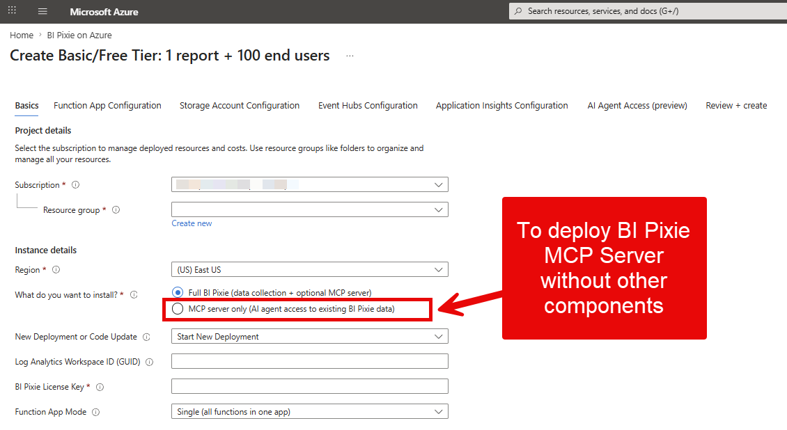The Basics tab with the MCP server only install option highlighted, illustrating how to deploy the BI Pixie MCP Server without the other components.