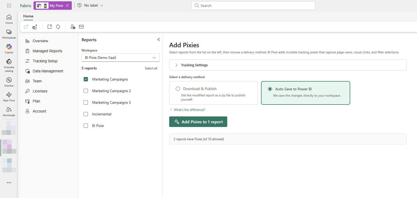 Adding Pixies to reports from inside the BI Pixie item
