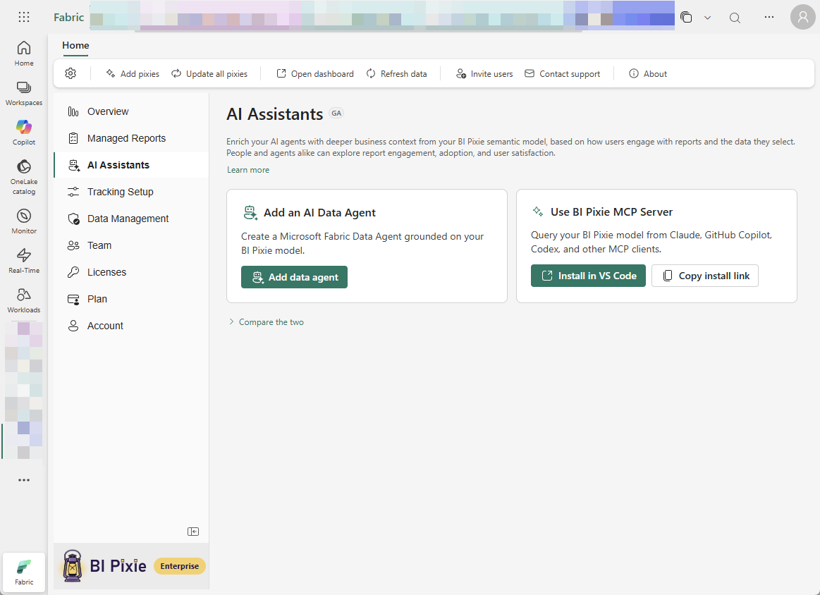 The AI Assistants page of a BI Pixie item in Microsoft Fabric, with two cards side by side: Add an AI Data Agent, which creates a Microsoft Fabric Data Agent grounded on your BI Pixie model, and Use BI Pixie MCP Server, which queries your model from Claude, GitHub Copilot, Codex, and other MCP clients with Install in VS Code and Copy install link buttons.