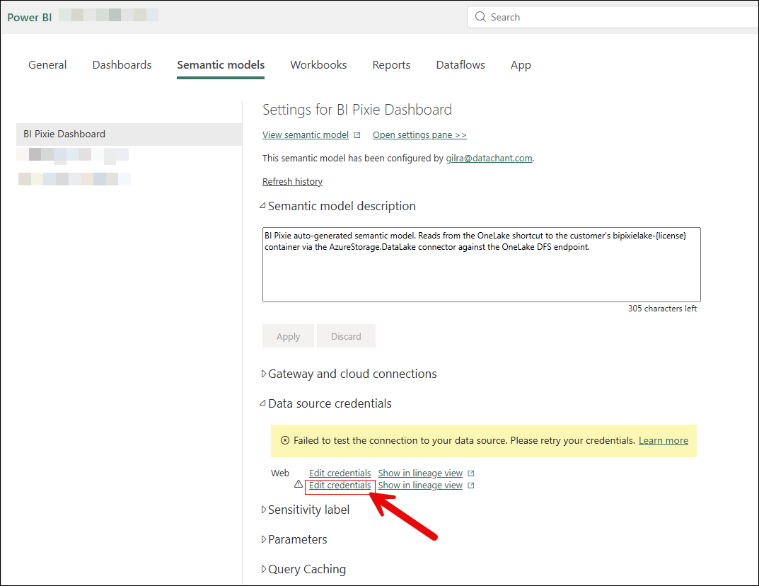 Power BI semantic model Settings page with the Data source credentials section expanded, showing two rows that need Edit credentials applied. A yellow 'Failed to test the connection' warning is visible above the rows and a red arrow points at the second Edit credentials link.