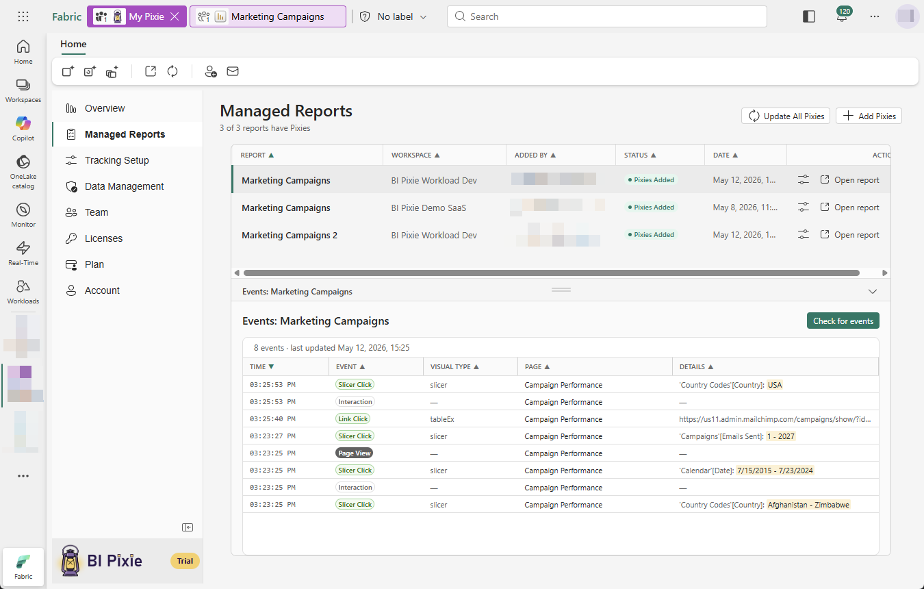 Managed Reports view inside the BI Pixie item, showing three tracked reports (Marketing Campaigns appears twice across two workspaces, and Marketing Campaigns 2) with columns for REPORT, WORKSPACE, ADDED BY, STATUS (all 'Pixies Added'), DATE, and ACTIONS (Open report). The Marketing Campaigns row is selected. Below the table, an Events panel for Marketing Campaigns shows 8 recent events with TIME, EVENT (Slicer Click, Interaction, Link Click, Page View), VISUAL TYPE, PAGE, and DETAILS columns. A 'Check for events' button sits at the top-right of the panel.