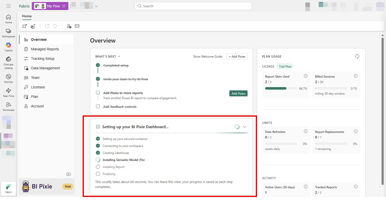 BI Pixie item Overview view with an install progress card highlighted, showing six steps: Setting up your secured container (done), Connecting to your workspace (done), Creating Lakehouse (done), Installing Semantic Model (active, 11 seconds elapsed), Installing Report (upcoming), and Finalizing (upcoming). Caption reads: This usually takes about 60 seconds. You can leave this view; your progress is saved as each step completes.