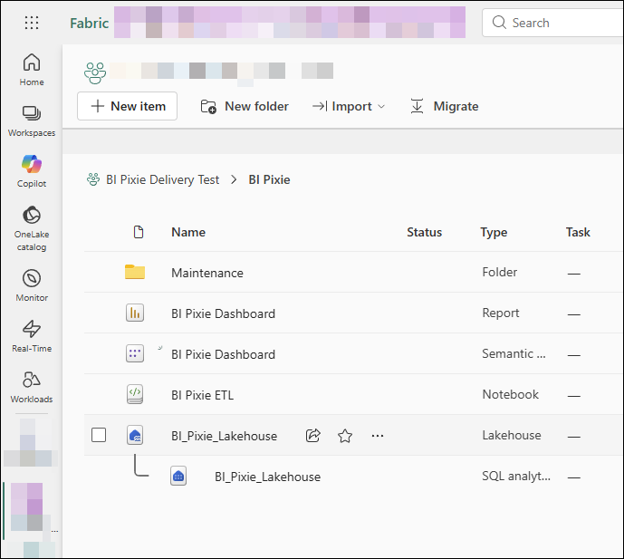 The Fabric items BI Pixie installs in your workspace: a Maintenance folder for the retention and erasure notebooks, the BI Pixie Dashboard report and semantic model, the BI Pixie ETL notebook, and the BI Pixie Lakehouse with its SQL analytics endpoint.