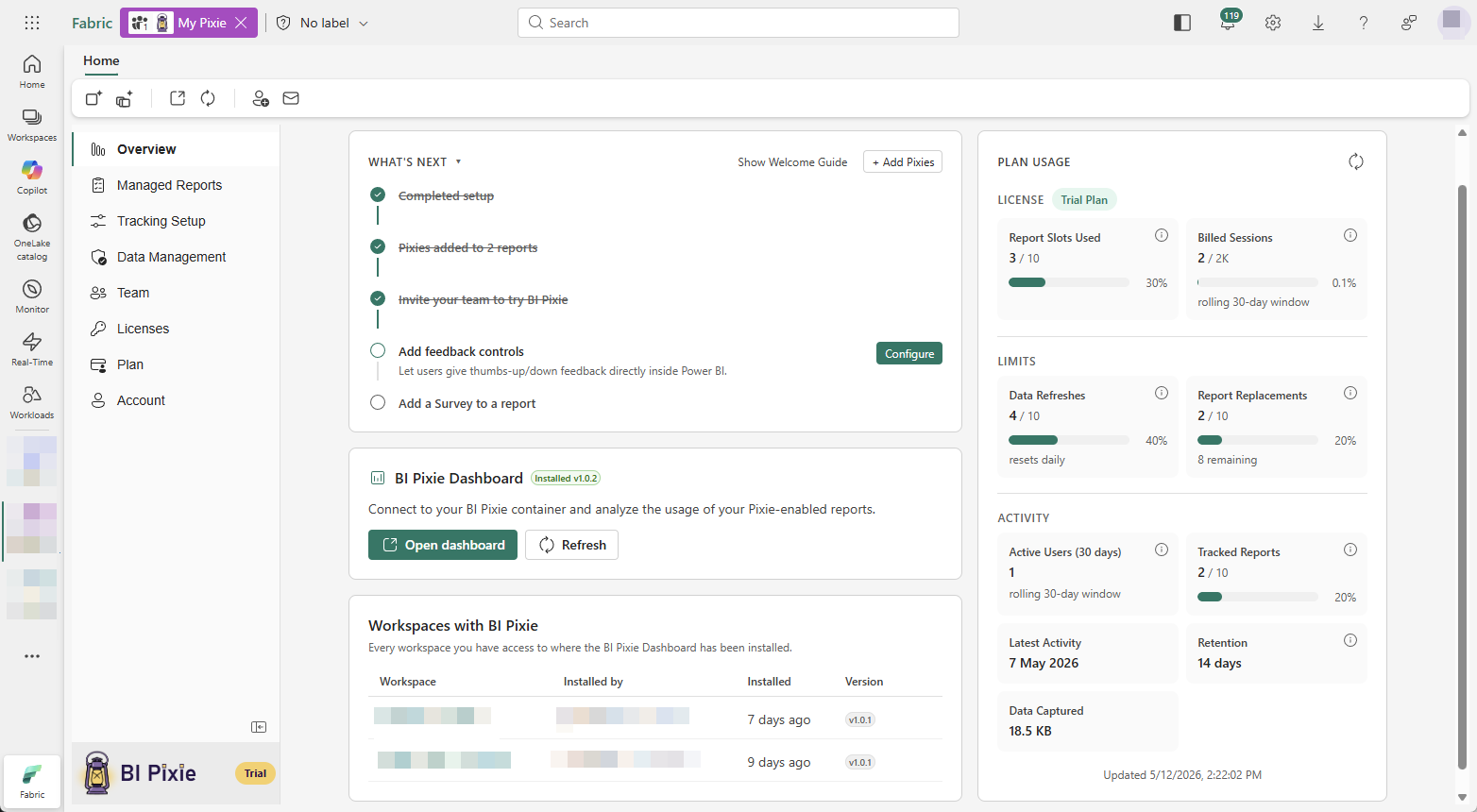 A BI Pixie item open inside a Microsoft Fabric workspace, showing the Overview view with a getting-started checklist, the BI Pixie Dashboard card, and a plan usage panel.